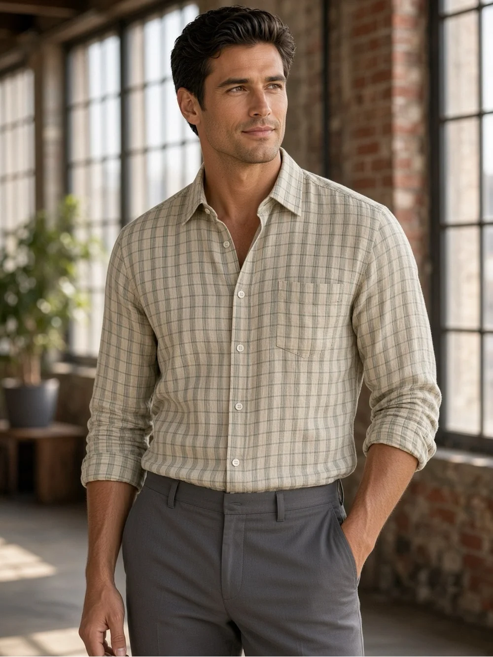 J. Crew Men's Beige Plaid Button-Down Shirt